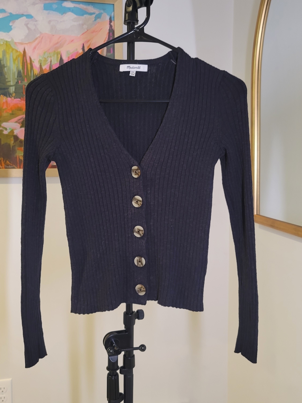 MADEWELL Ribbed Knit Cardigan Button Front Black Lagenlook Women's Size XXS